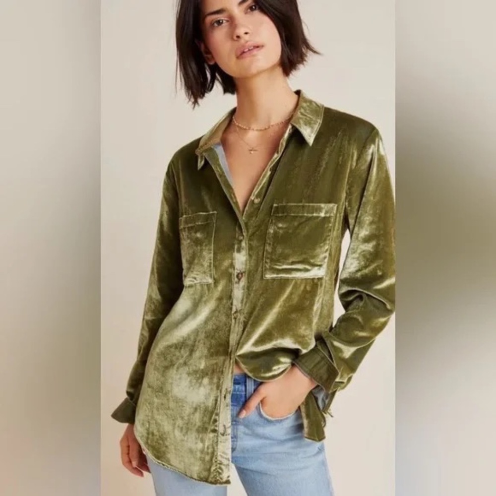 Anthropologie Maeve Karina Crushed Velvet Button Down Shirt Top Olive Green Sz 6